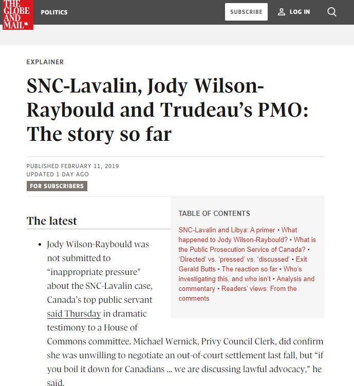 Globe and Mail Trudeau Raybould SNC