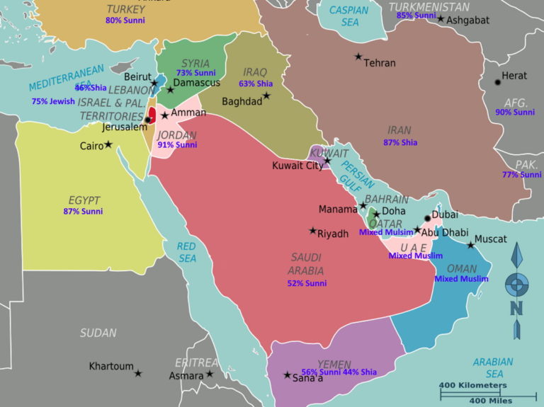 Map of the Middle East - Religion by Countries
