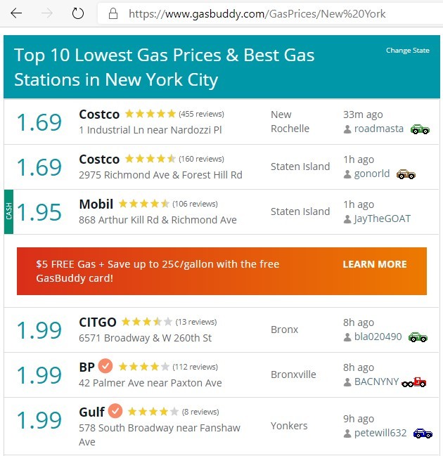 retail gas price in New York City March 31 2020