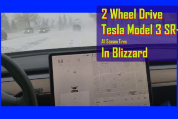 Tesla Model 3 SR plus in blizzard 2 wheel drive one motor all season tires
